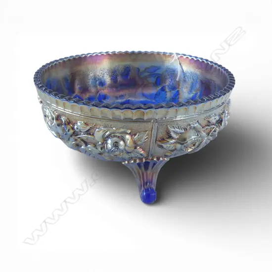 BLUE CARNIVAL GLASS ROSE BOWL 195mm dia