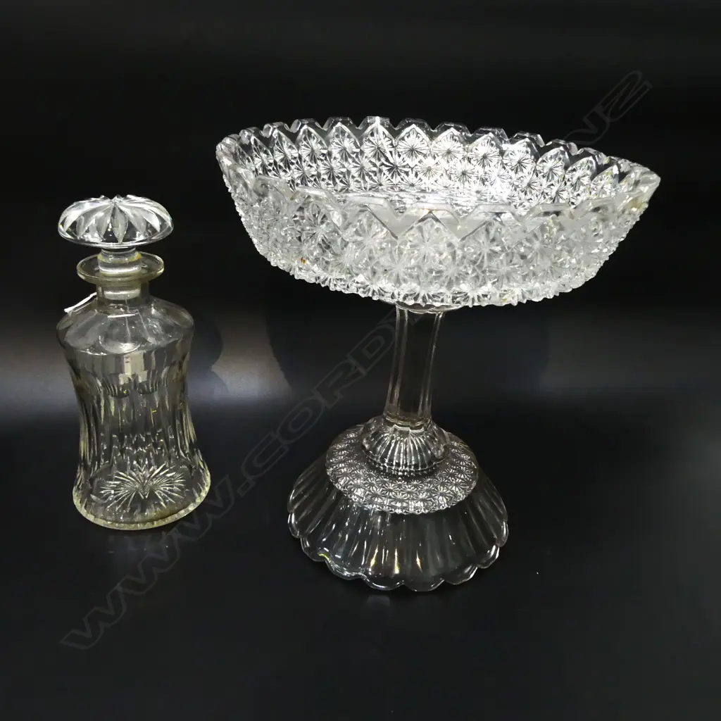 LGE OLD PRESSED GLASS TAZZA 2 section. chip to stand Dia.275mm H.295mm + CUT CRYSTAL DECANTER Image 1++