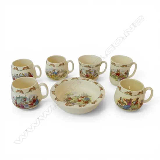 ROYAL DOULTON BUNNYKINS babyfood plate & 6 asst. cups