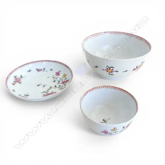 3 18th/19thC ENGLISH CERAMIC PIECES: TEA BOWL & SAUCER DISH + LARGER BOWL. Possibly New Hall or similar. Minor faults