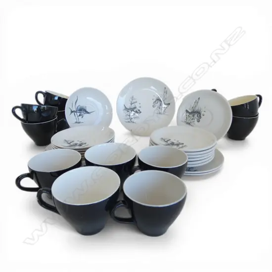 6 CROWN LYNN 'PREHISTORIC FISH TRIOS two cups marked 'made in England' + 7 SUPER VITRIFIED SAUCERS & 7 asst. cups