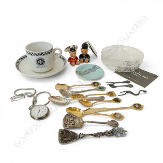 ASST. ITEMS; CROWN LYNN AIR NZ DISH 80mm dia, COLLECTORS SPOONS INCL. 900 SILVER 16gms, COCKTAIL SHAKER ETC