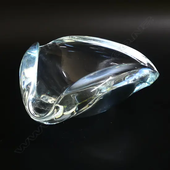 Art glass vintage triangular thick bodied clear dish 150mm across