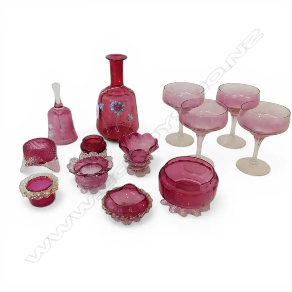 COLLECTION OF CRANBERRY GLASS CONDIMENTS 4 CHAMPAGNE GLASSES CARAF BELL ETC Image 1++