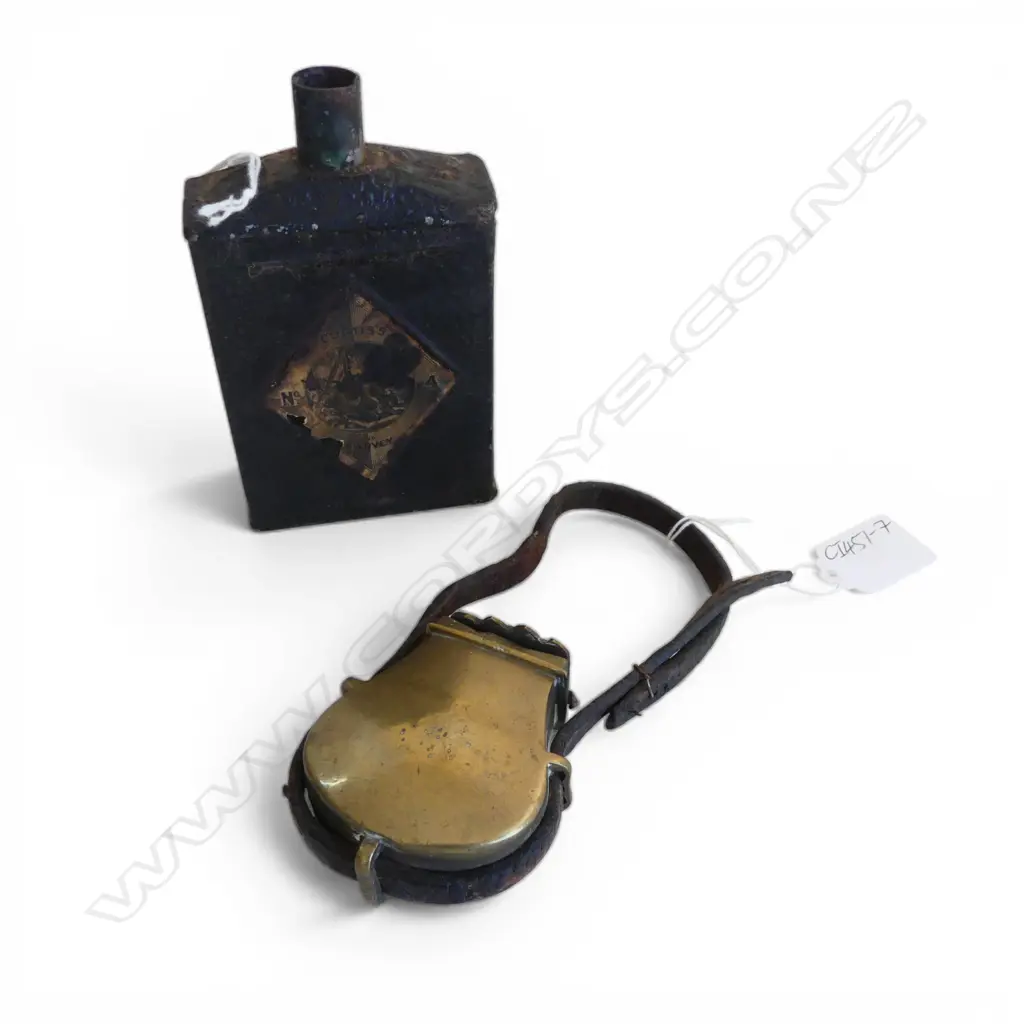 19thC BRASS GUNPOWDER FLASK hinged lid leather strap + old gunpowder tin Image 1++