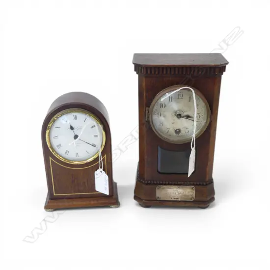 2 SMALL MANTLE CLOCKS: Vintage oak cased w silver plaque 'Nursing Staff Tauranga' H.205mm + Electric Sheraton style