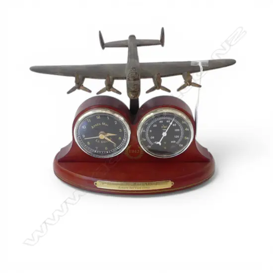 '70th ANNIVEASSARY AVRO LANCASTER ACTIVE SERVICE 1942' DESK CLOCK / BAROMETER. W.240mm