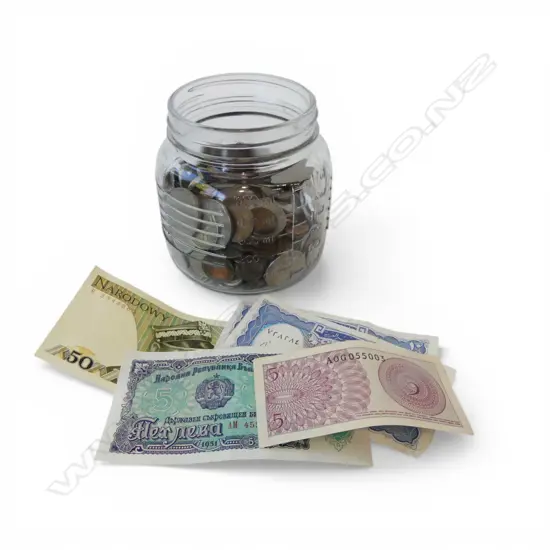 JAR OF OLD COINS + 5 MODERN NOTES in jar, 