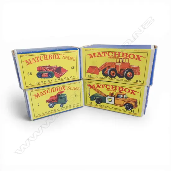 FOUR YELLOW BOX MATCHBOX VEHICLES - MODELS 13, 2, 69, 58