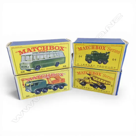 FOUR YELLOW BOX MATCHBOX VEHICLES - MODELS 68, 6, 64, 30 (ONE DAMAGED BOX)