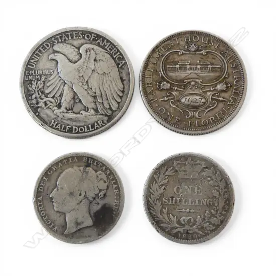 4 SILVER COINS; 2x 1880 92% SHILLINGS, 1X 1927 AUS. 925. FLORIN & 1X 90% HALF LIBERTY COIN