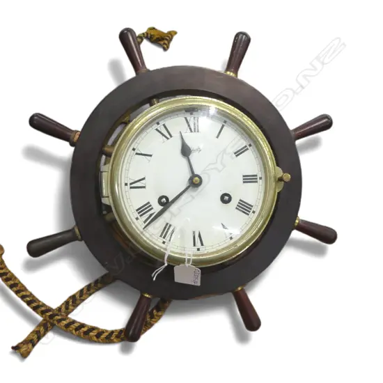 VINTAGE SCHATZ SHIP'S BRASS CLOCK with wooden ship's wheel type surround. Dia.330mm