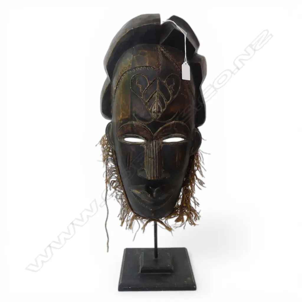 AFRICAN CARVED WOOD MASK with fibre beard on metal stand. H.610mm Image 1++