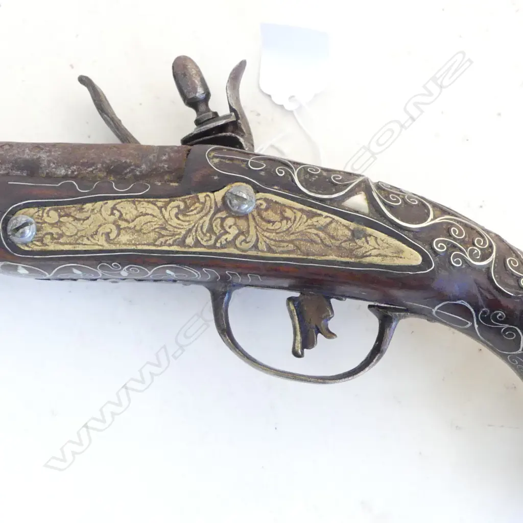 19thC INDIAN SILVER INLAID FLINTLOCK PISTOL  brass + steel fittings L.450mm Image 1++