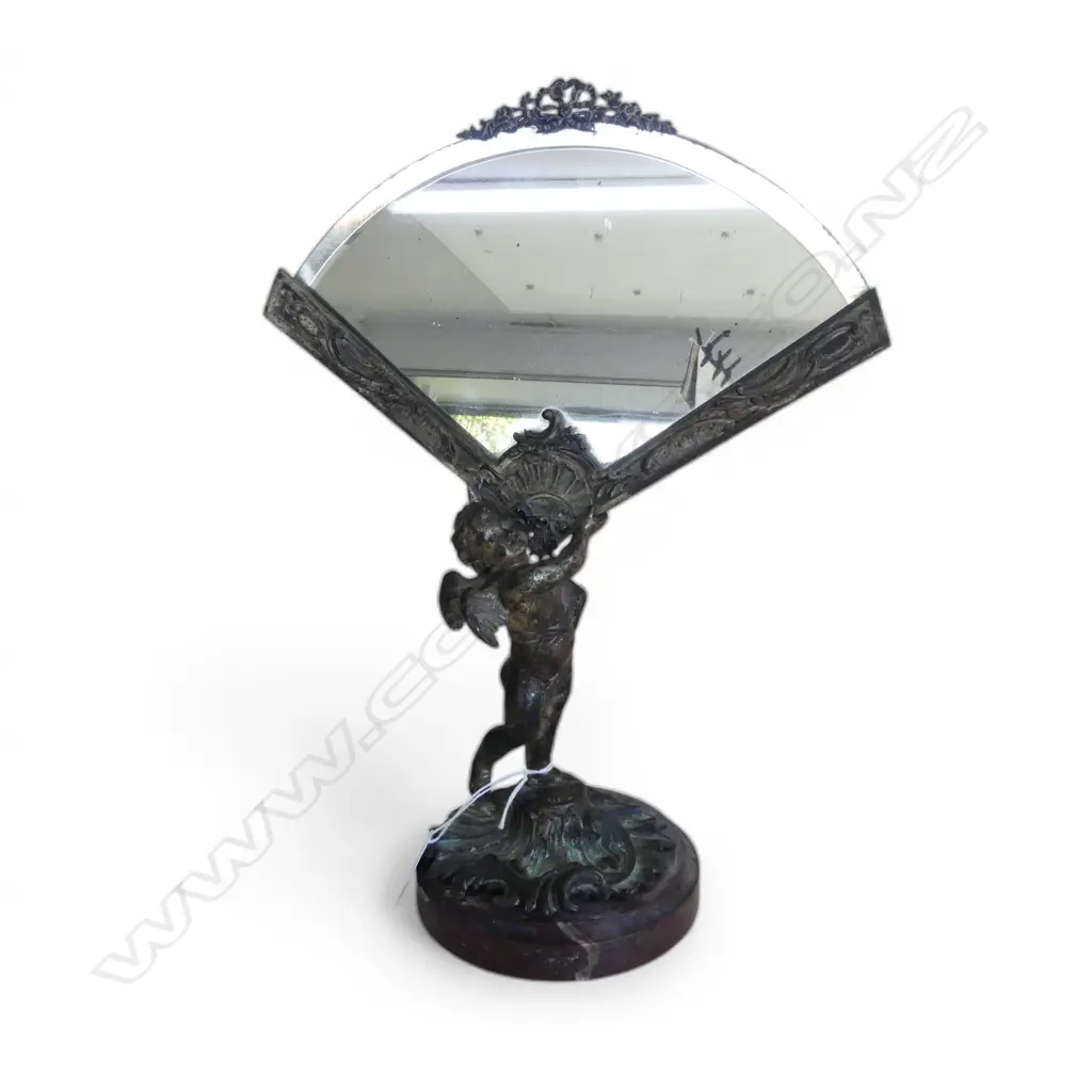 BRONZED METAL MIRROR cherub holding fan w. bevel edged mirror insert SIGNATURE INDISTINCT H.325mm Image 1++