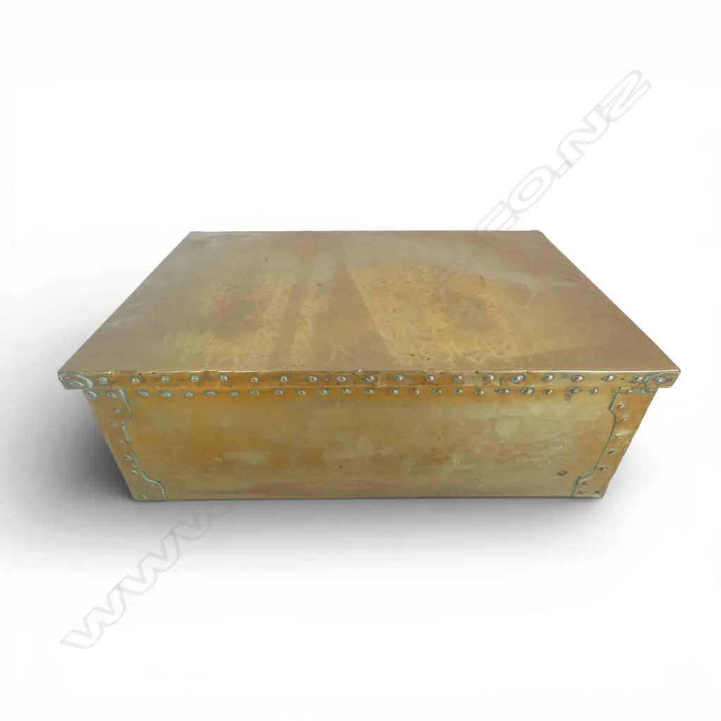 Arts & Crafts hammer finished brass hinged lid box - kauri lined W. 340mm Image 1++