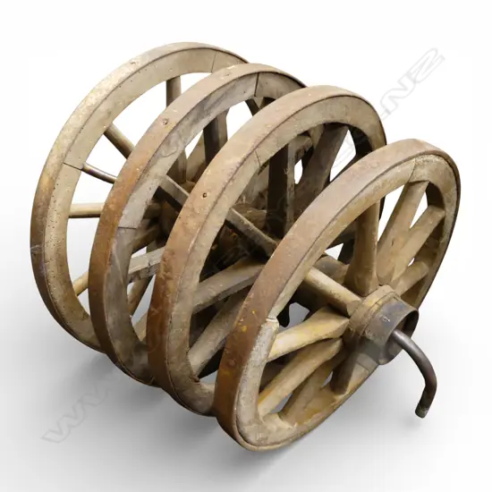 SET 4 19thC SMALL CART SPOKED WOODEN WHEELS with metal rims. Dia.415mm