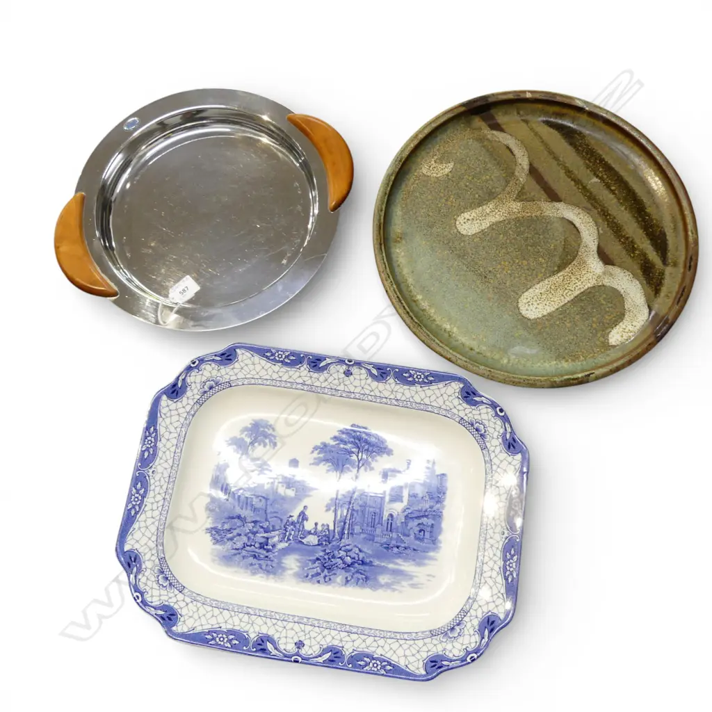 N.Z. STUDIO POTTERY PLATTER, B/W ASHET & ITALIAN DIADE CHROME TRAY W.370mm Image 1++