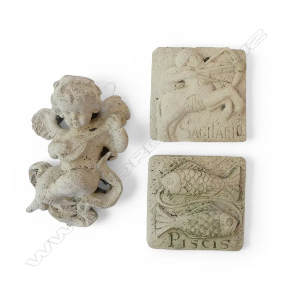 2 STAR SIGN CONCRETE TILES 'PISCIS' & 'SAGITAR' + CONCRETE CHERUB H.240mm Image 1++