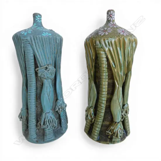 TWO KEUM SUN LEE NIKAU VASES, DAISY TOPS, H.200mm