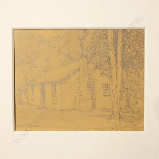 BESSIE CHRISTIE, 'ACACIA COTTAGE, CORNWALL PARK', SIGNED & TITLED, PENCIL. 100 x 125mm