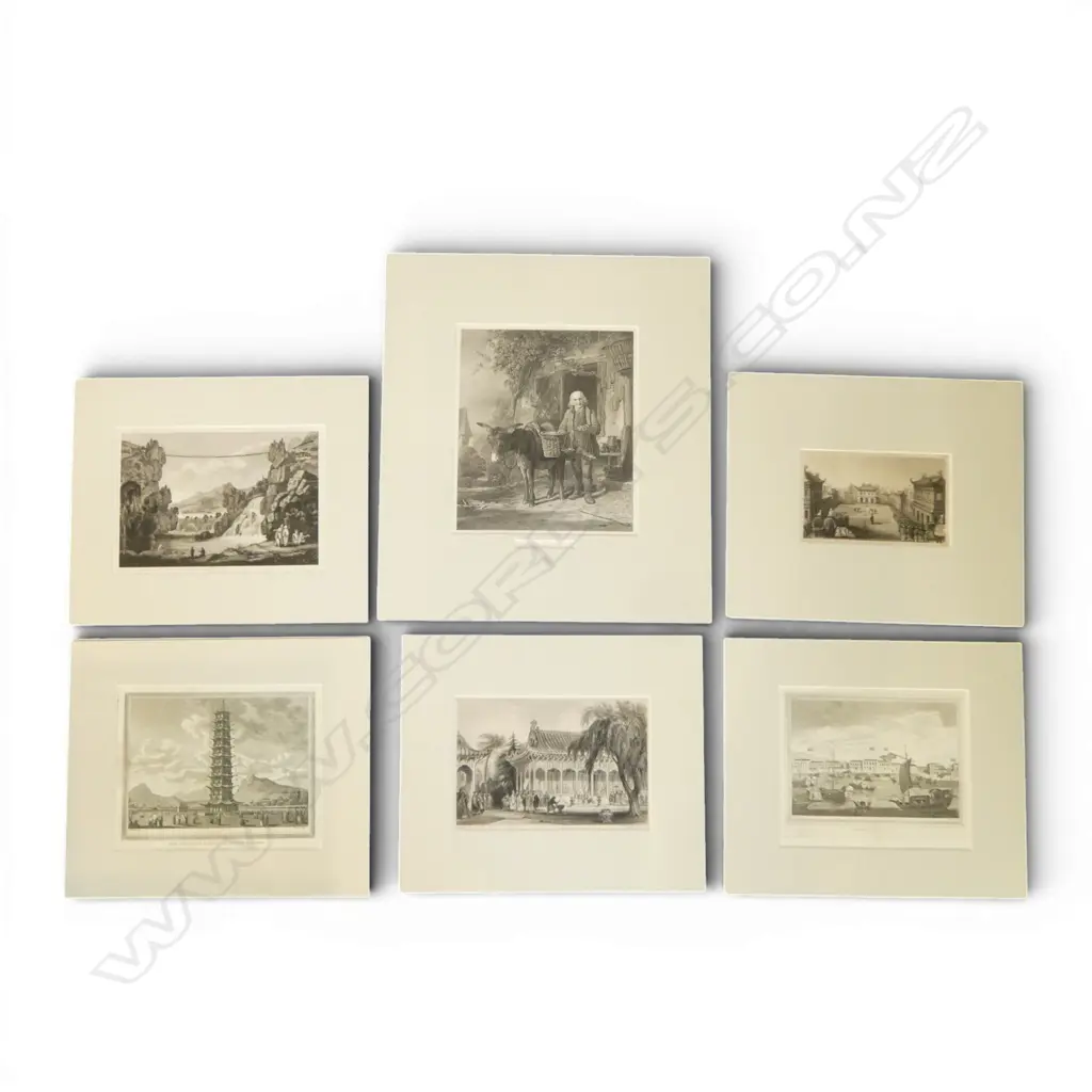 A GROUP OF SIX 19THC ENGRAVINGS, SCENES OF CHINA  AND 'THE CHERRY SELLER', VARIOUS SIZES Image 1++