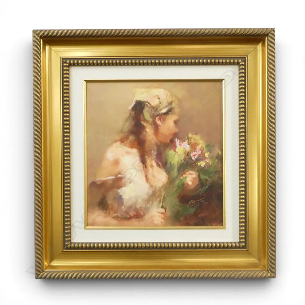 HUA CHEN 'GATHERING FLOWERS' GICLEE PRINT ON CANVAS 390x370mm Image 1++