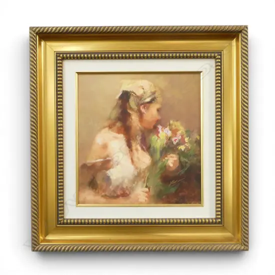 HUA CHEN 'GATHERING FLOWERS' GICLEE PRINT ON CANVAS 390x370mm