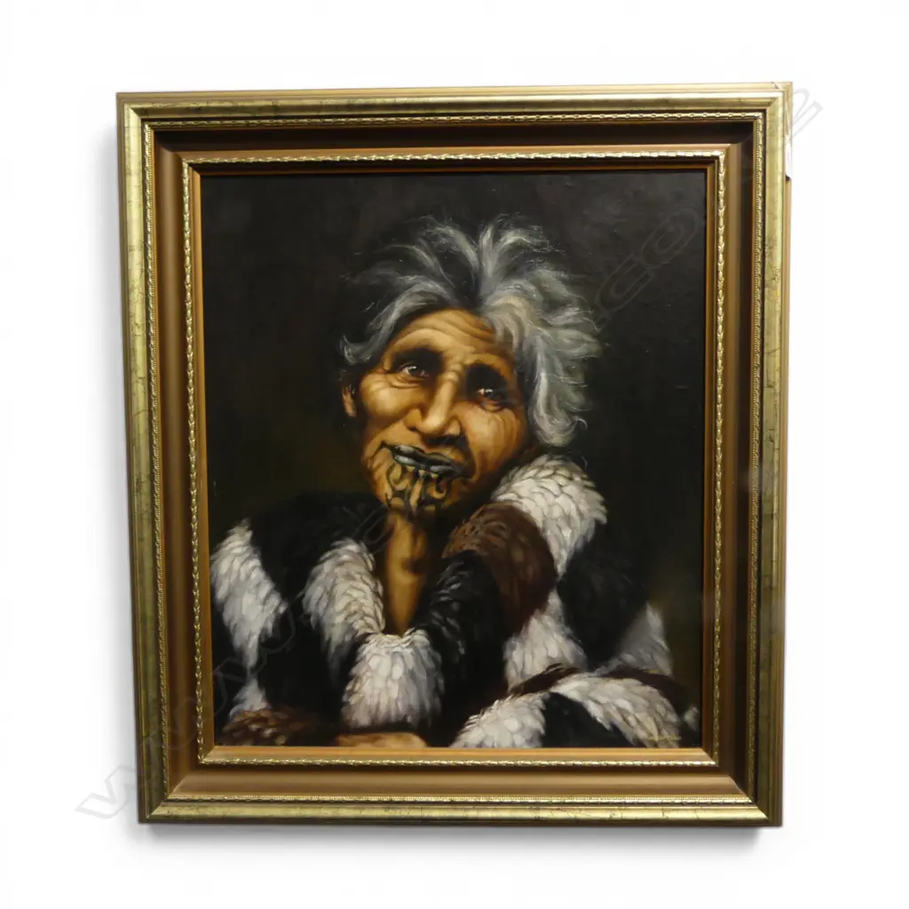 MELODY BROOK, PORTRAIT OF A MAORI WOMAN w. MOKO, OIL ON BOARD 550x470mm Image 1++