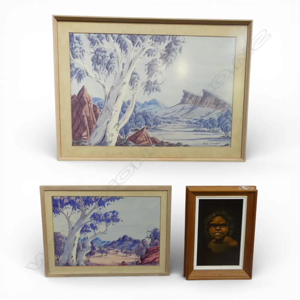 MAURICE NAMATJIRA, LANDSCAPE, W/COLOUR, 240 X 350mm & KEITH NAMATJIRA, LANSDCAPE,  WCOLOUR 330 X 510mm & VELVET PTG Image 1++