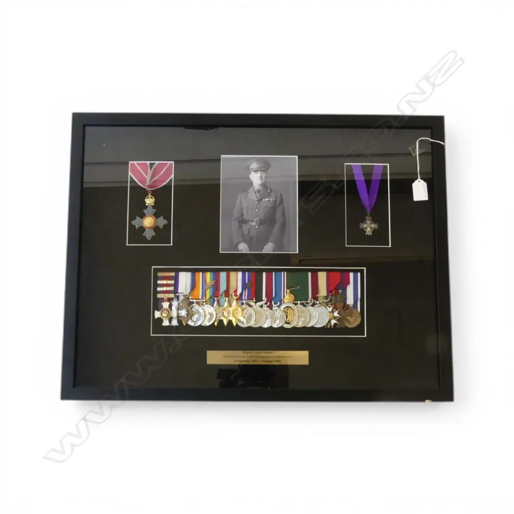 BRIGADIER JAMES HARGEST REPRODUCTION FRAMED DISPLAY OF HIS MEDALS & AWARDS with photo Image 1++