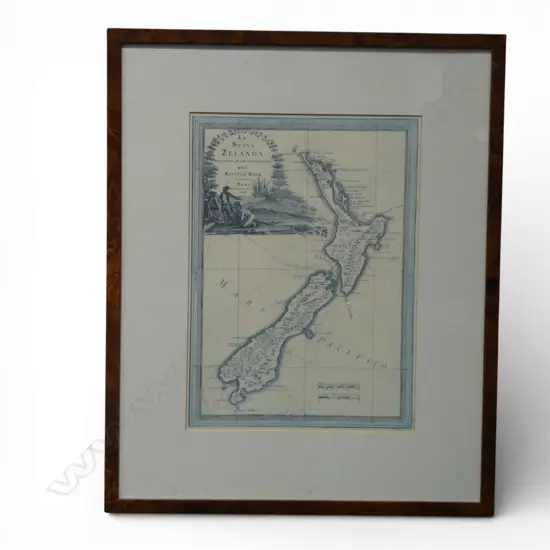 FRAMED MAP OF NEW ZEALAND - NUOVO ATLANTE GEOGRAFICO UNIVERSALE by G.M. CASSINI 315x225mm