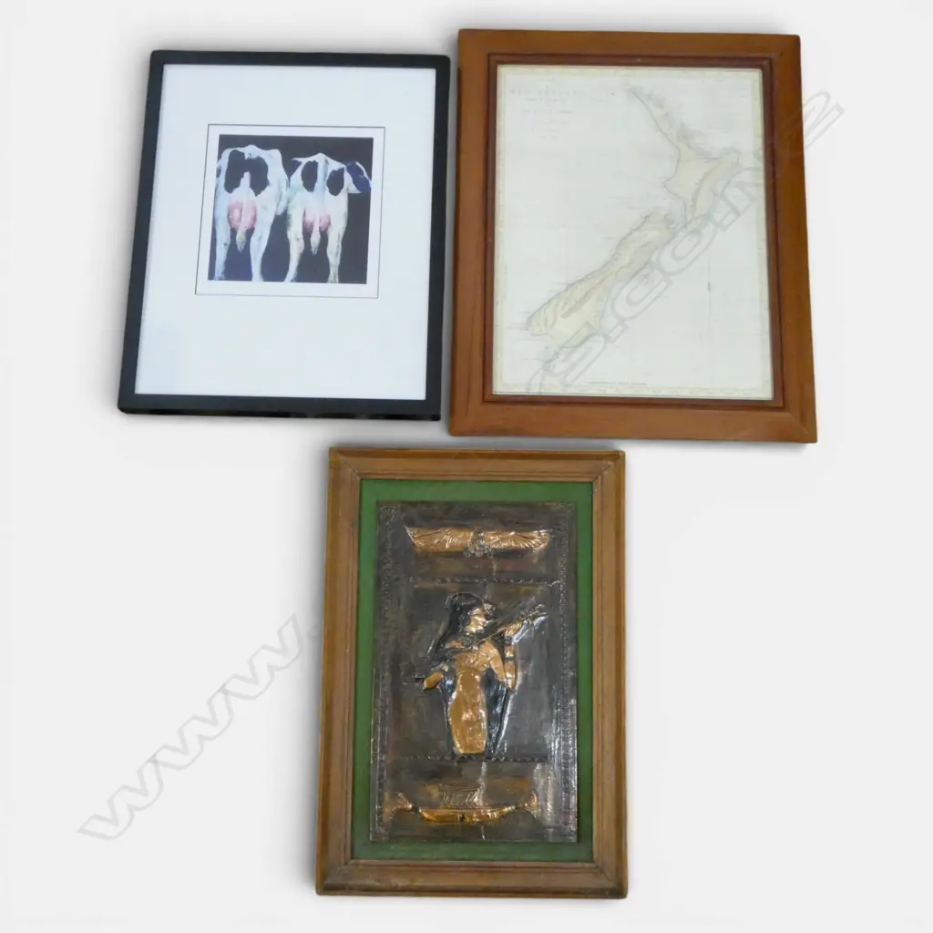 REPRO ANTIQUE MAP OF NZ 500 x 385mm,  AMELIA GUILD COW PRINT ED 28/60 & AN EGYPTIAN RELIEF SCENE IN COPPER  Image 1++
