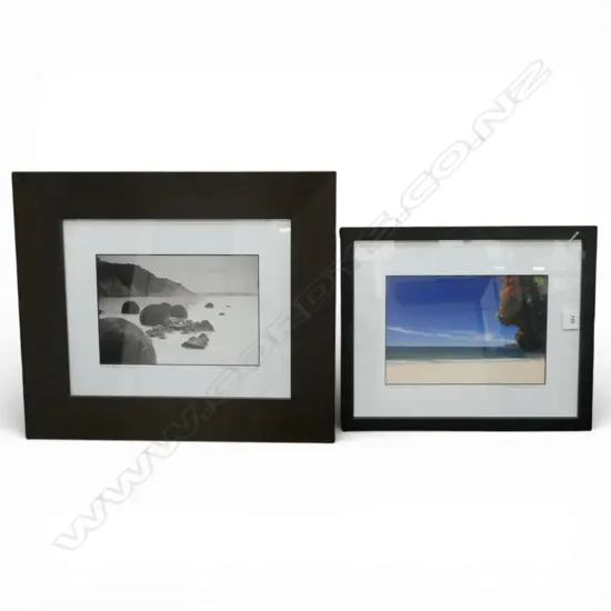 2 FRAMED PHOTOGRAPHS by REUBEN PRICE; MOERAKI BOULDERS OTAGO NZ & TAIRUA COROMANDEL NZ 165x245mm