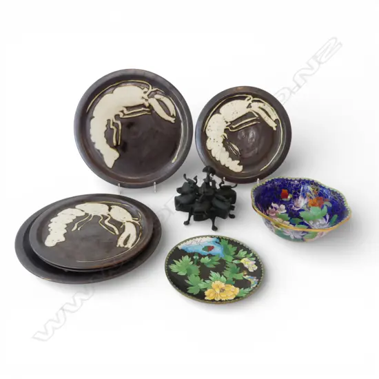 9 PCES; 5 PLATES, CLOISONNE BOWL & SAUCER, CARLTON WARE DISH W.315mm, SPICE CONTAINER