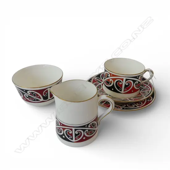 Royal Doulton 'Māori Art' wide tea cup saucer & plate + sugar bowl & cream jug