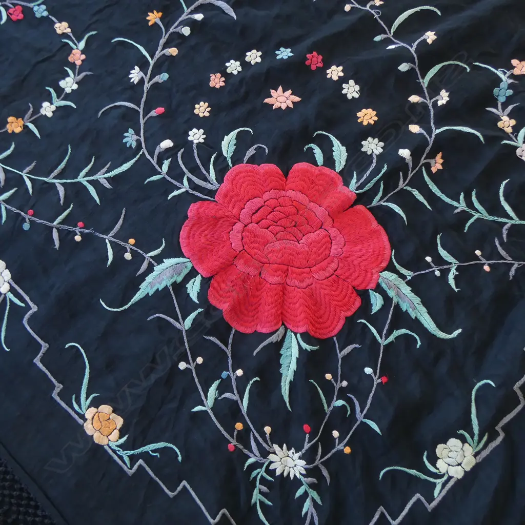 ORIENTAL EMBROIDERED BLACK SILK SHAWL Image 1++