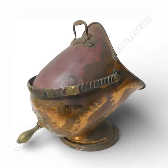 VICTORIAN COPPER HELMET  COAL SCUTTLE with handle as an armoured chin strap