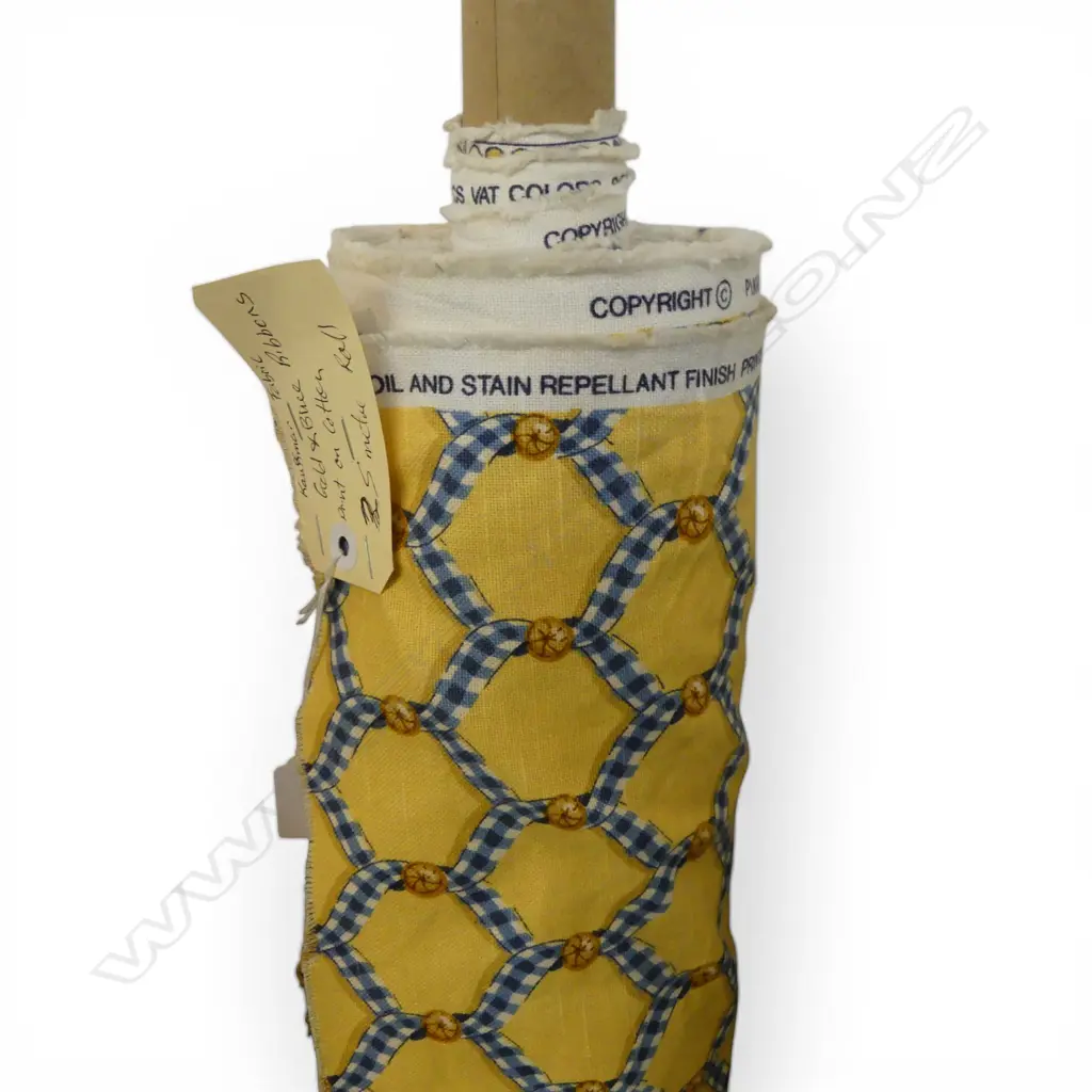 FABRIC BOLT; KAUFMAN FABRIC, GOLD & BLUE RIBBONS, PRINT ON COTTON, 25M ROLL Image 1++