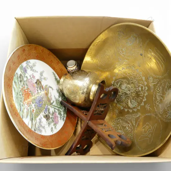 BRASS VASE & PLATE + JAPANESE PLATE, STAND & VASE