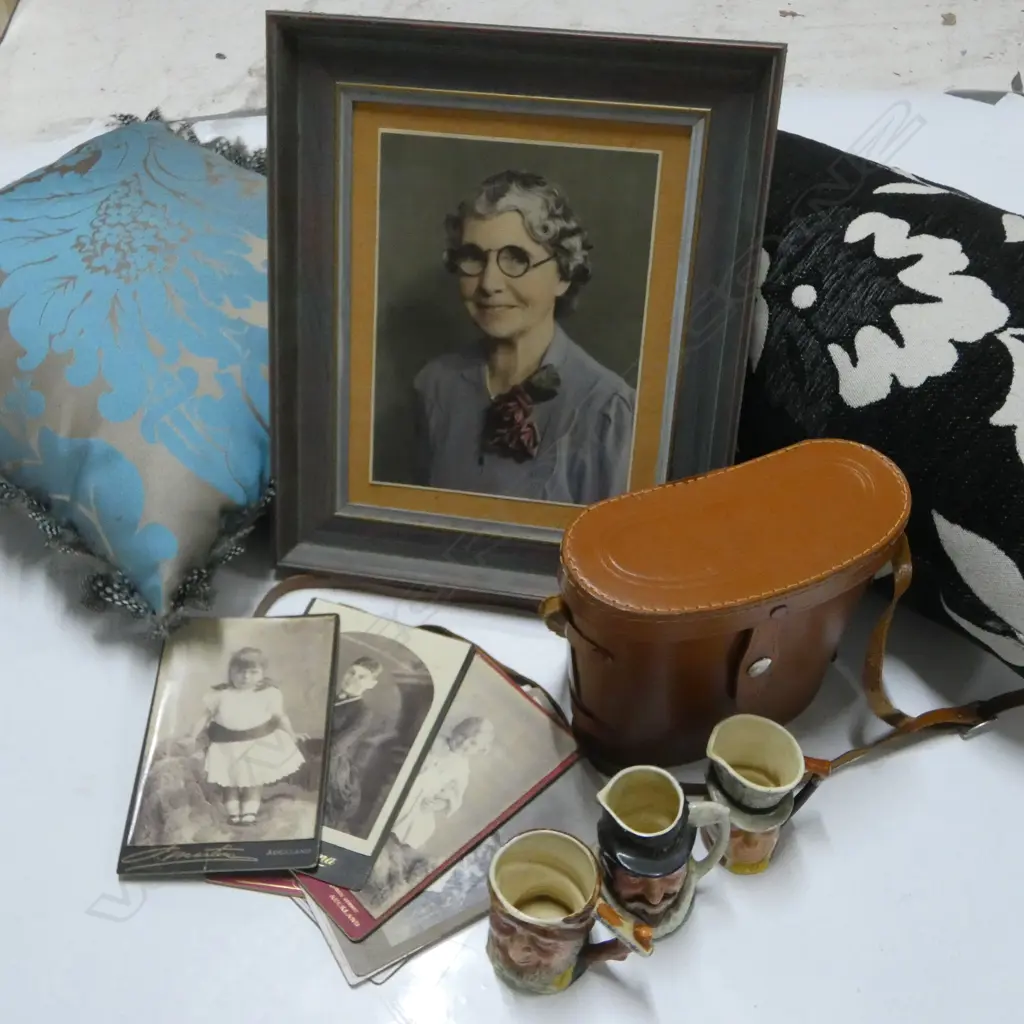 BOX LOT 2 CUSHIONS CASED BINOCULARS SEPIA PHOTOS ETC Image 1++