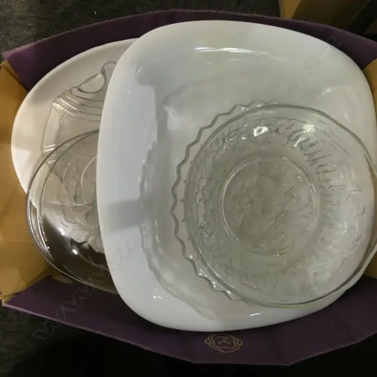 BOX OF PRESSED GLASS PLATTERS  WHITE CHINA BOWL & PLATTER 