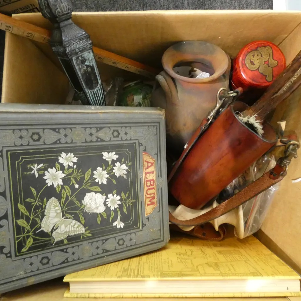 ASST. BOX OF OLD PIPES, SILVER PLATE SPOONS, CRUET SET, SCRAP BOOK, SML CHINESE VASES, ETC   Image 1++