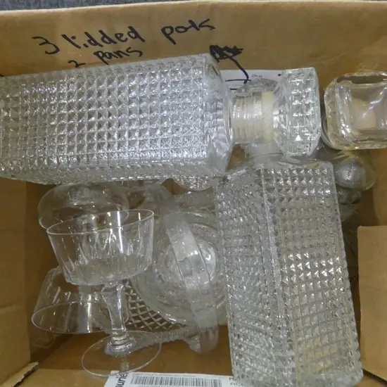 BOX OF 4 DECANTERS GLASS BASKET JUGS  GLASSES ETC