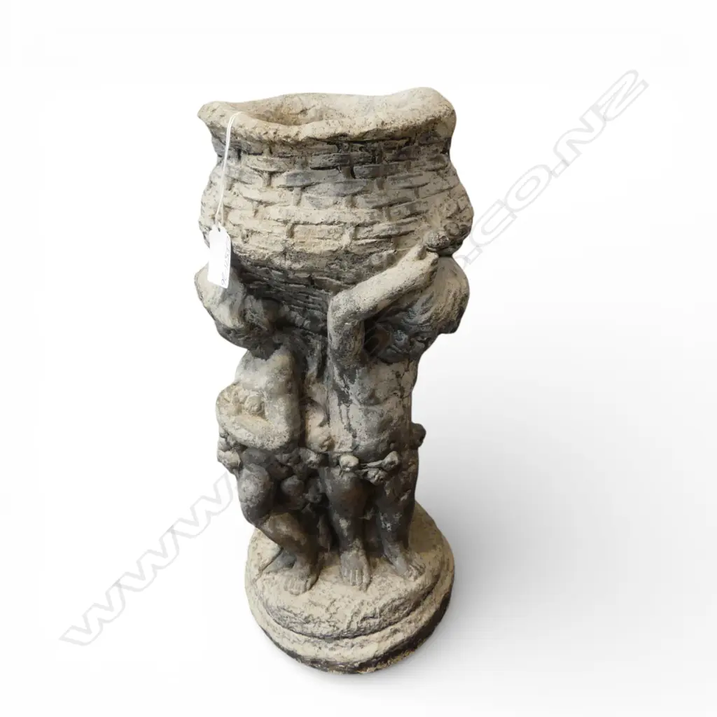 CONCRETE GARDEN STATUE 3 CHERUBS WITH RAISED BASKET. H.410mm Image 1++