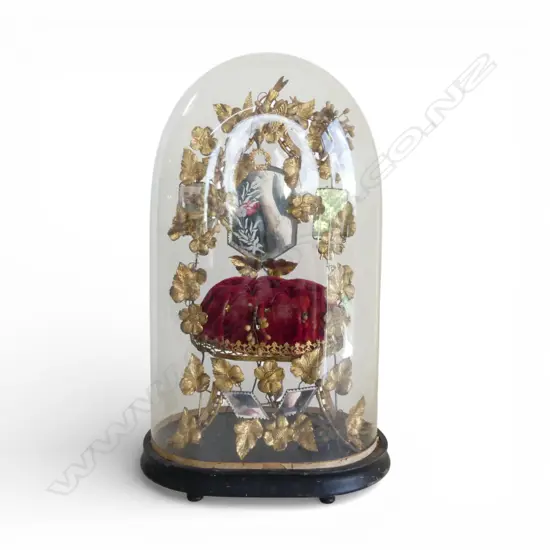 FRENCH TALL GLASS DOMED GILT FLORAL DISPLAY H530MM