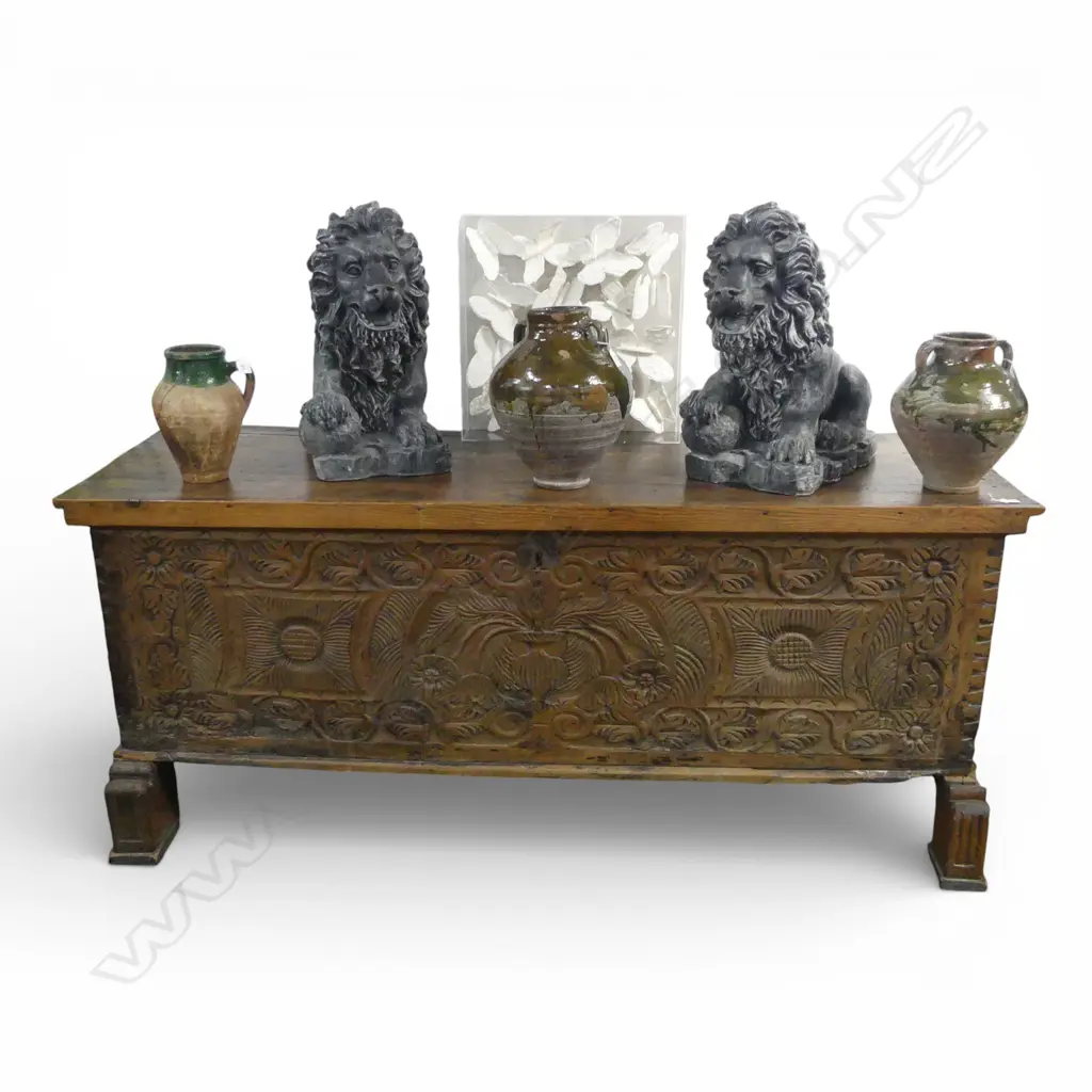 19th/19thC EUROPEAN CARVED LARGE COFFER front w floral detail in floral tendril framing. 1840 x 630 x 770mm Image 1++