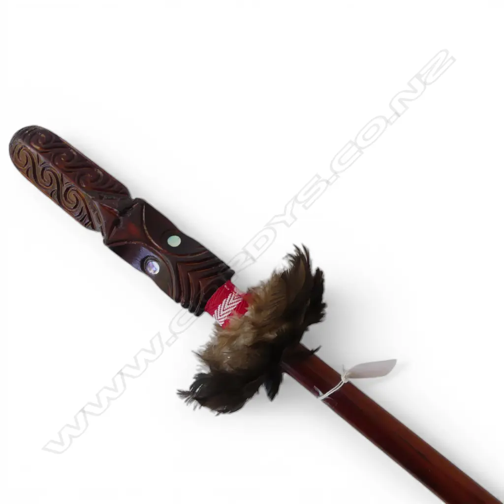 MODERN MAORI CARVED TAIAHA w feather collar & paua inset eyes L.1530mm Image 1++