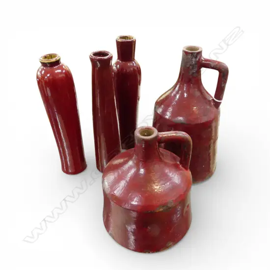 5 RED GLAZED VASES; 2 w. HANDLES H.305mm