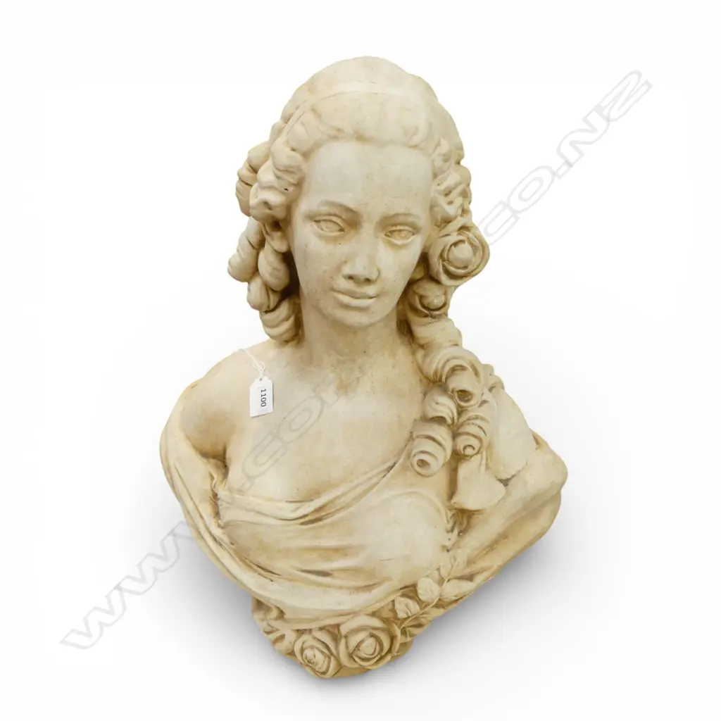 CLASSICAL LADY CONCRETE BUST  with ringleted hair.  Image 1++